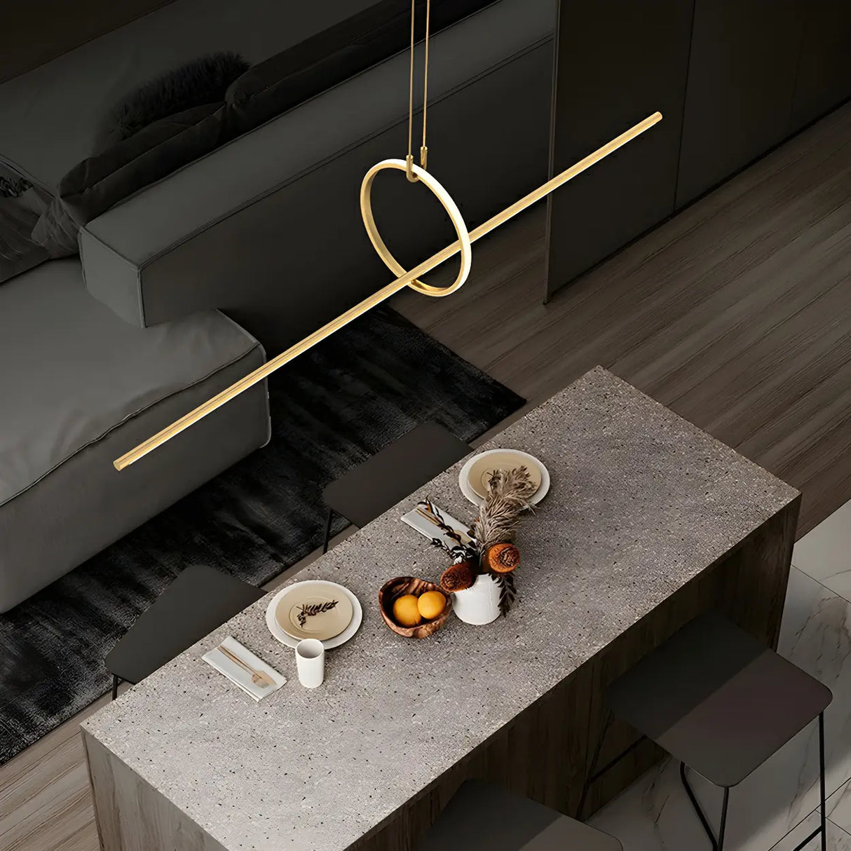 Modern Brass Ring and Linear Kitchen Island Light Image - 2