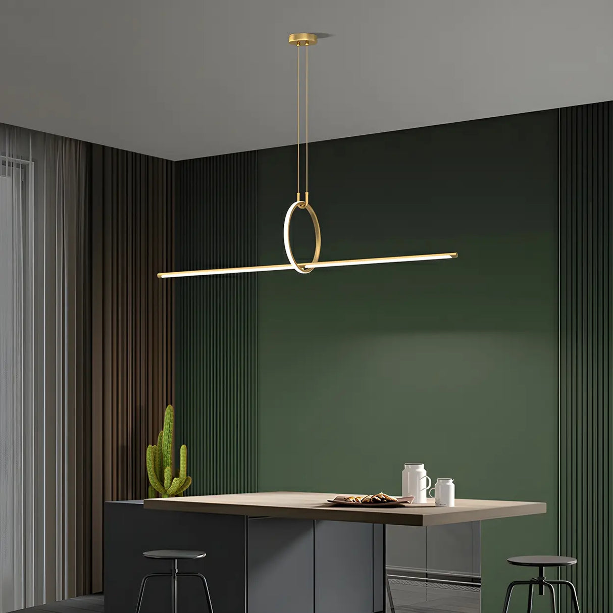 Modern Brass Ring and Linear Kitchen Island Light Image - 3