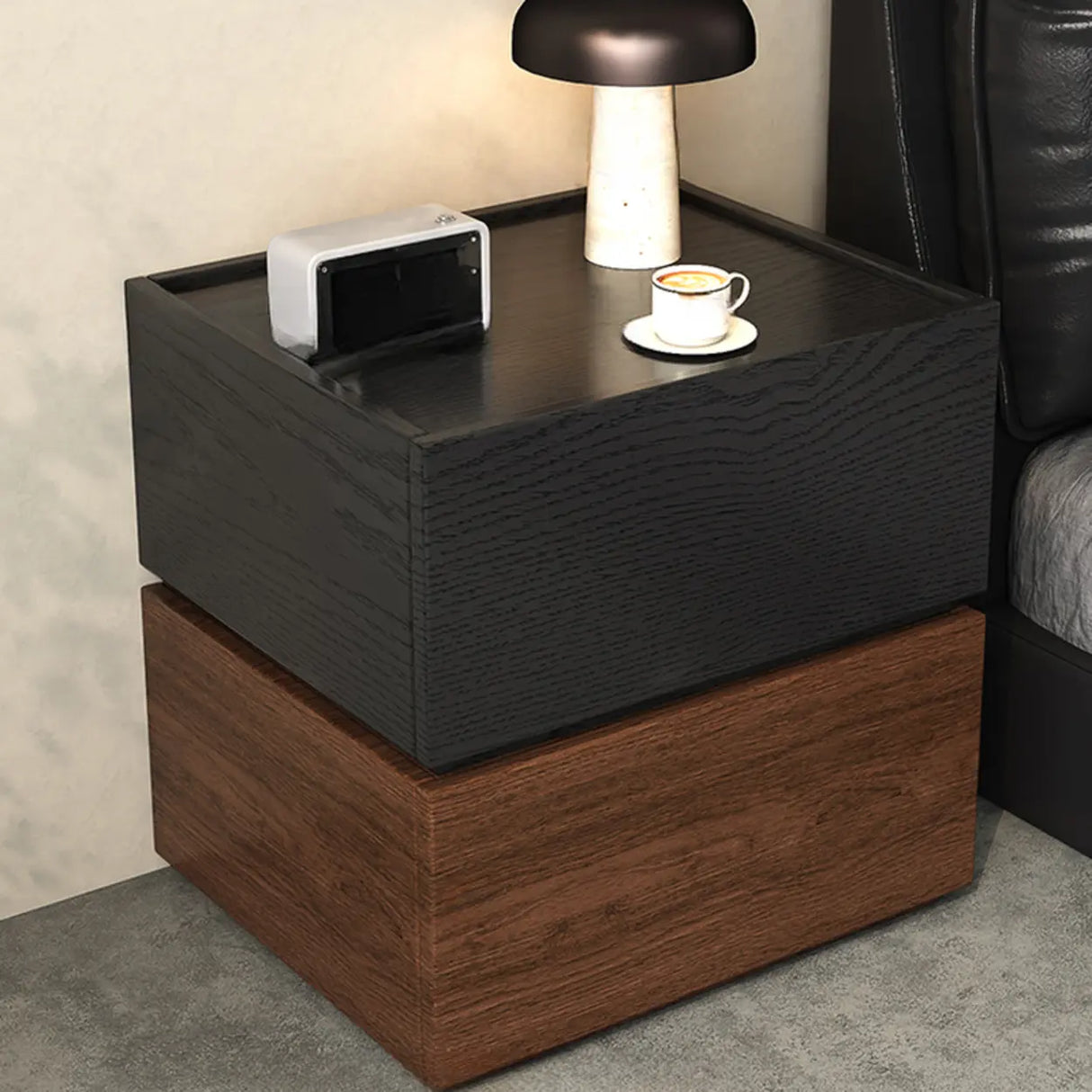 Modern Brown and Black Wood Nightstand with Drawer Storage Image - 1