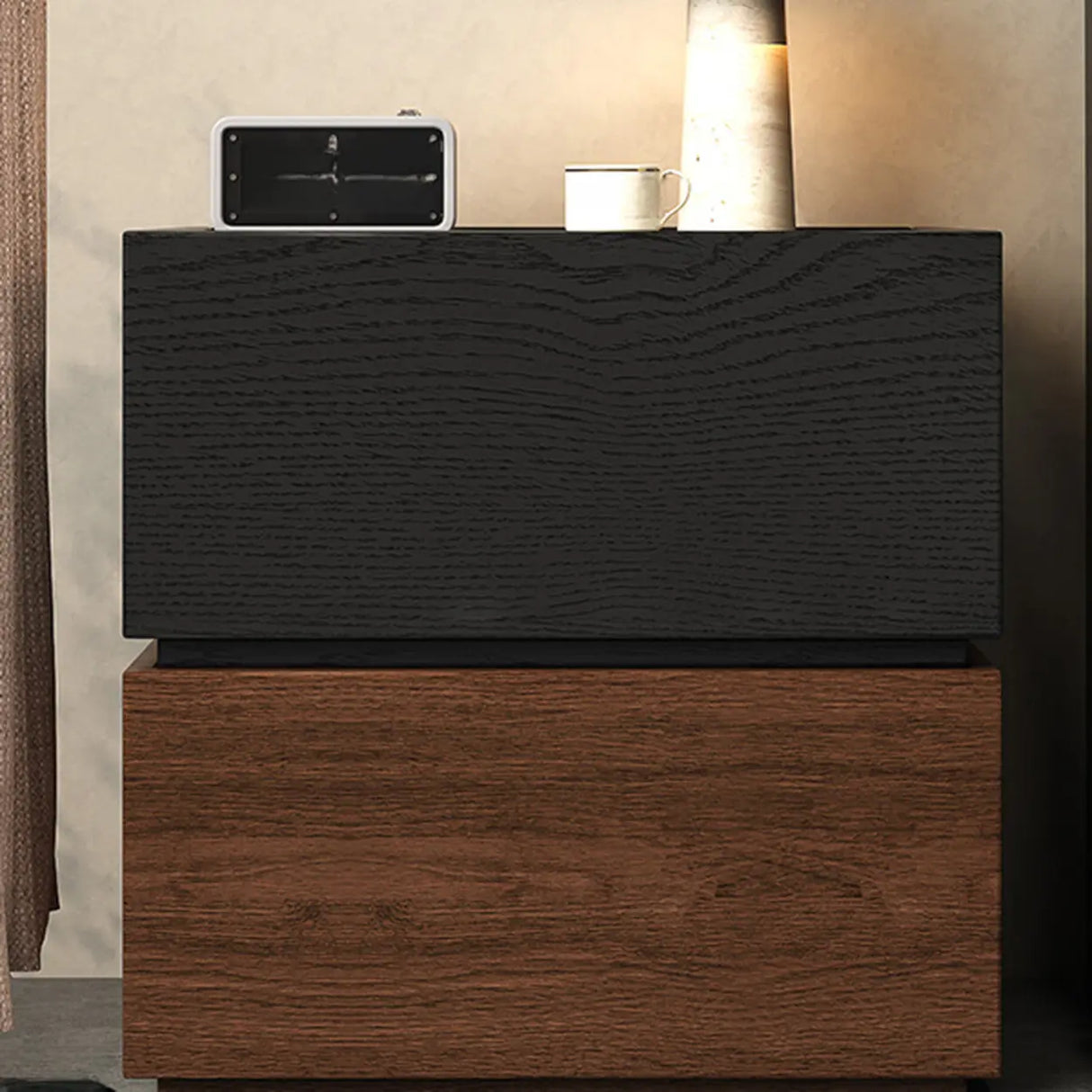 Modern Brown and Black Wood Nightstand with Drawer Storage Image - 4