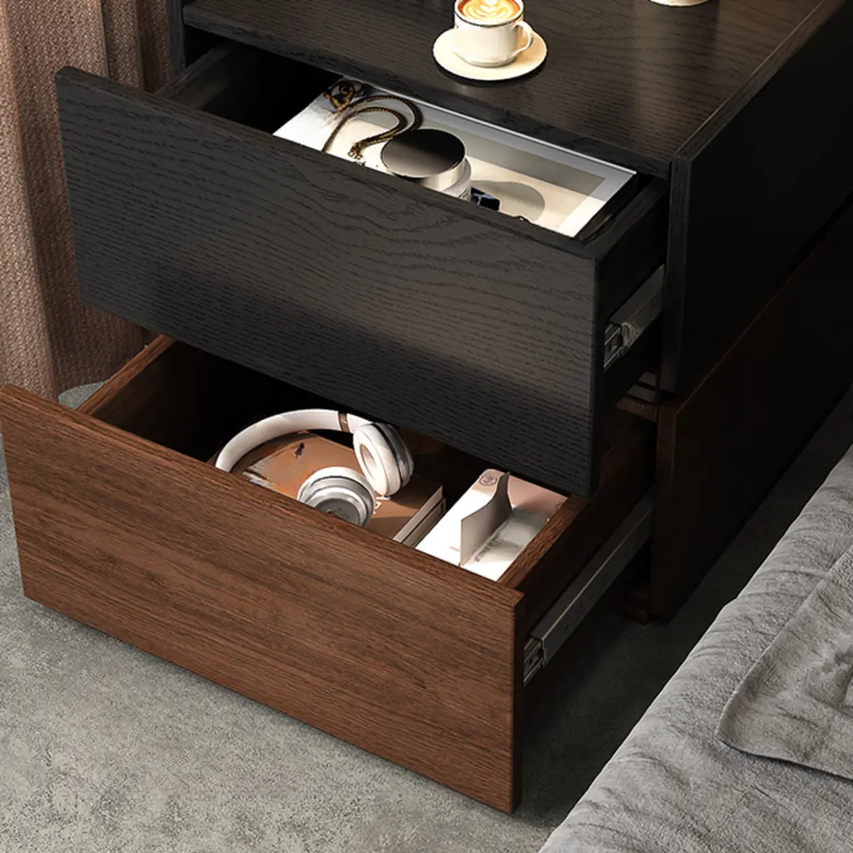 Modern Brown and Black Wood Nightstand with Drawer Storage Image - 6