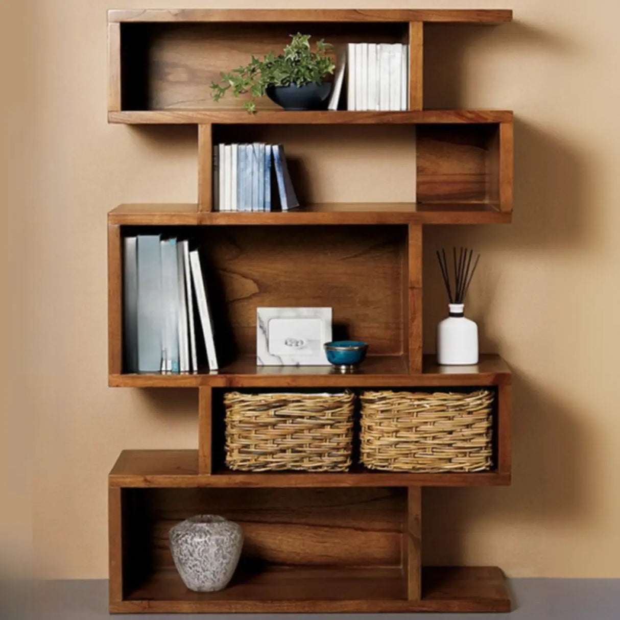 Modern Brown Geometric Closed Back Pine Wood Bookcase Image - 1