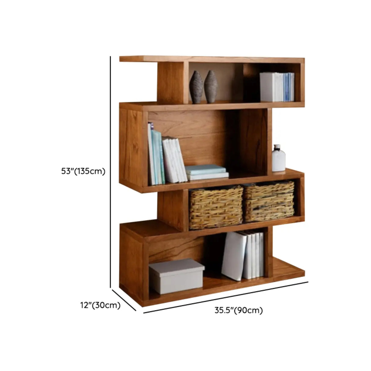 Modern Brown Geometric Closed Back Pine Wood Bookcase Image - 10