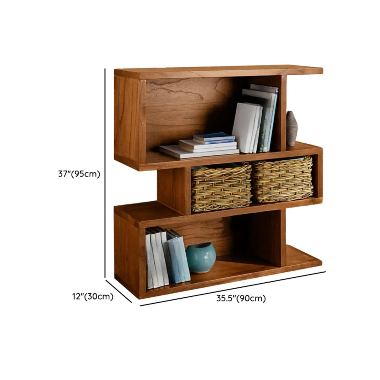 Modern Brown Geometric Closed Back Pine Wood Bookcase Image - 11