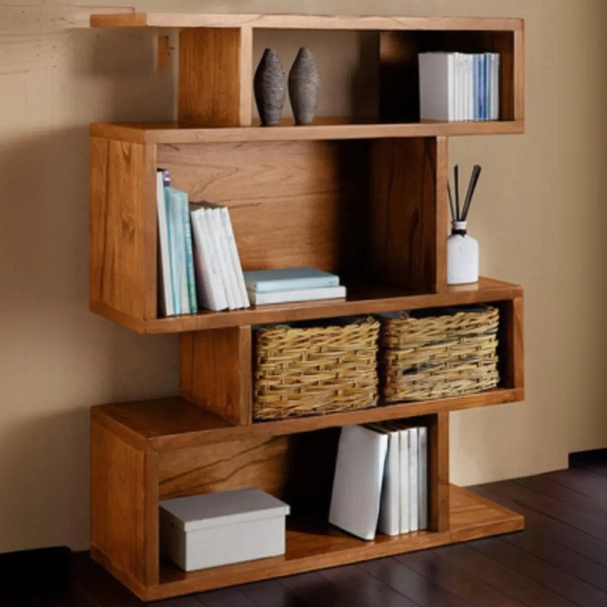 Modern Brown Geometric Closed Back Pine Wood Bookcase Image - 2
