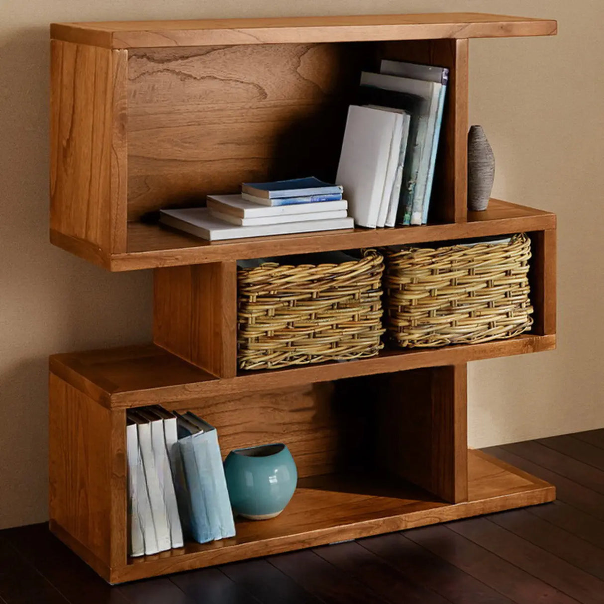 Modern Brown Geometric Closed Back Pine Wood Bookcase Image - 3