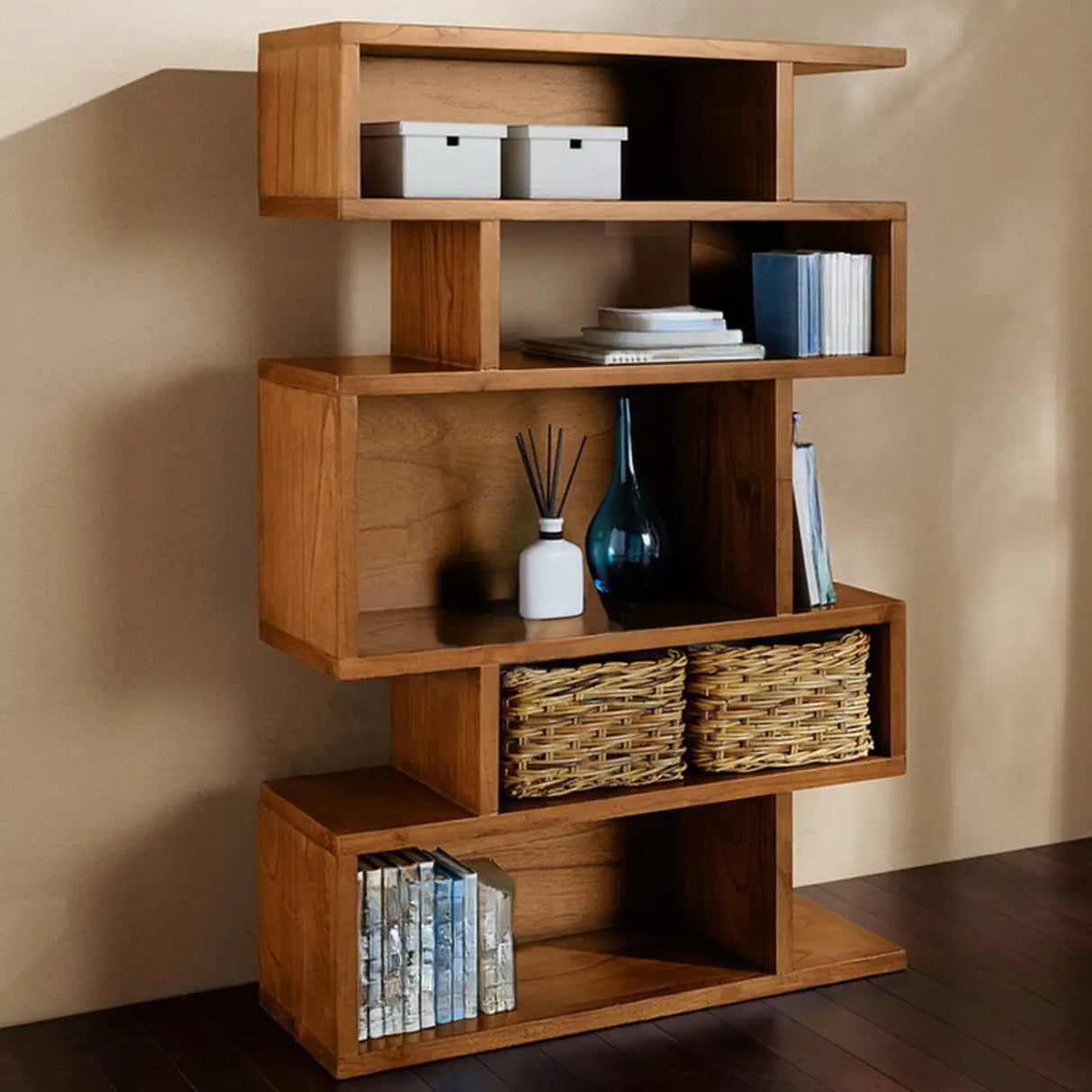Modern Brown Geometric Closed Back Pine Wood Bookcase Image - 4