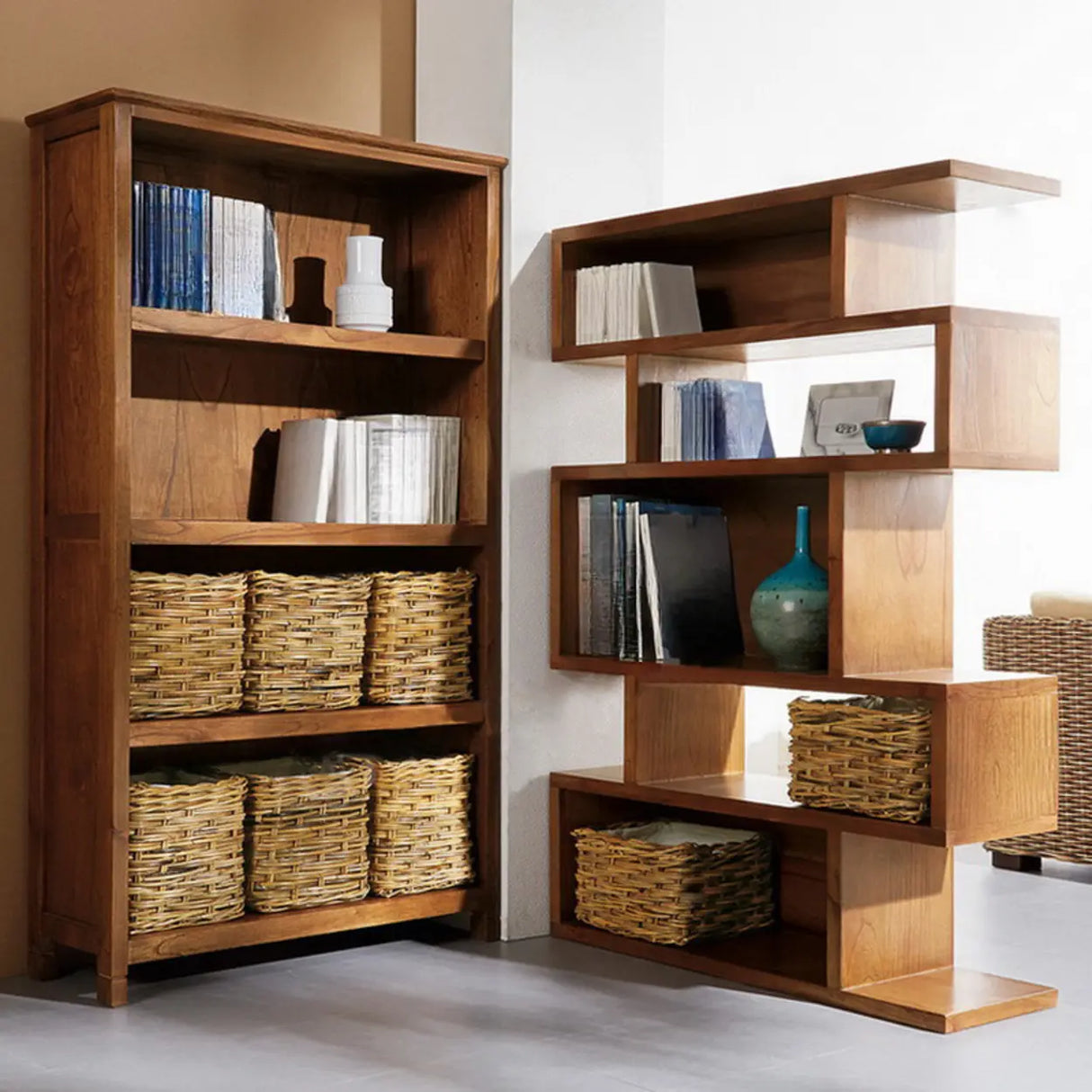 Modern Brown Geometric Closed Back Pine Wood Bookcase Image - 5