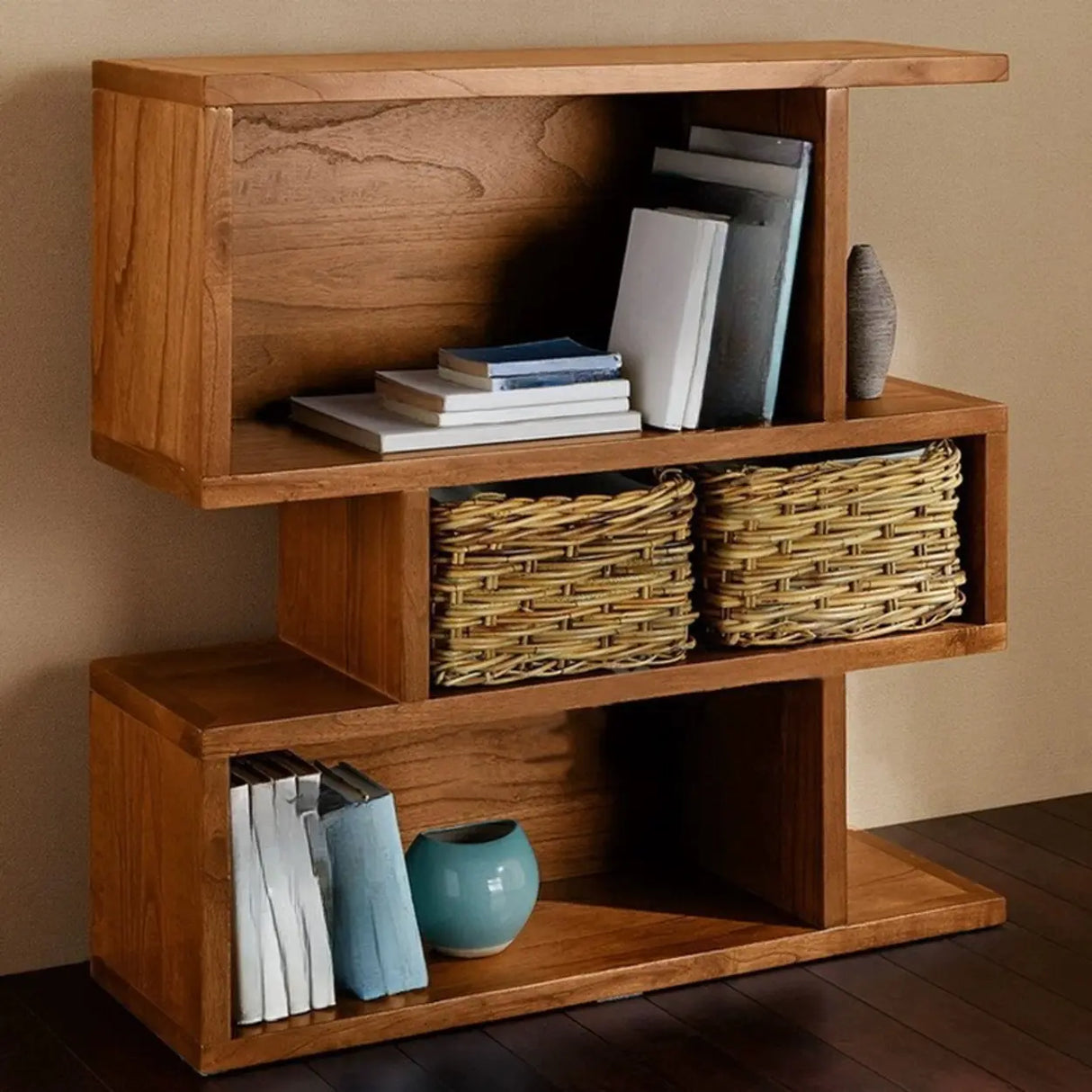 Modern Brown Geometric Closed Back Pine Wood Bookcase Image - 6