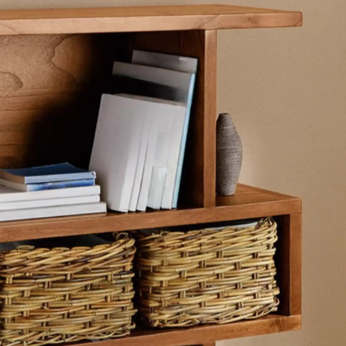 Modern Brown Geometric Closed Back Pine Wood Bookcase Image - 8