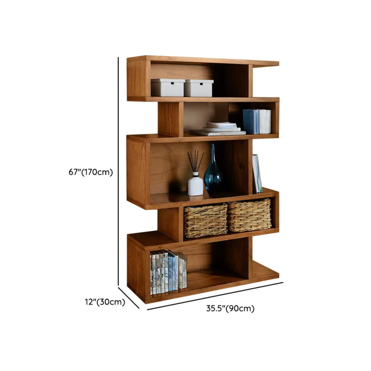 Modern Brown Geometric Closed Back Pine Wood Bookcase