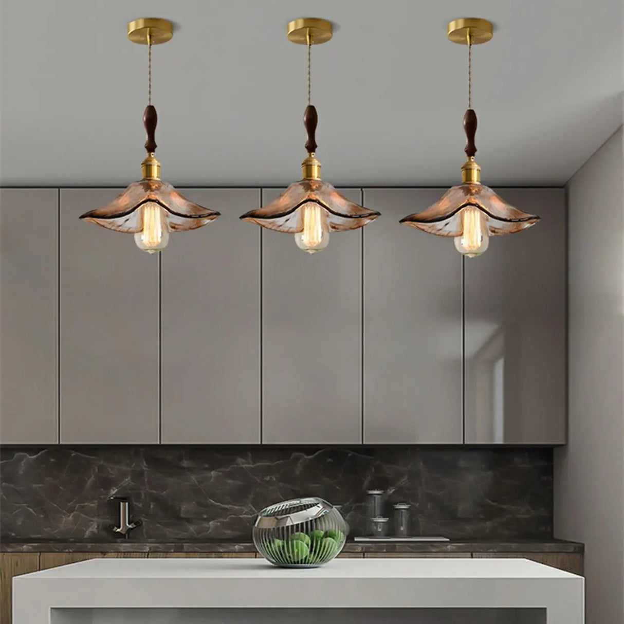 Modern Brown Geometric Glass Floral Wavy Pendant Light Image - 5