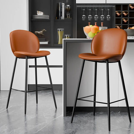 Modern Brown Leather Bucket Bar Stool with Metal Legs Image - 1