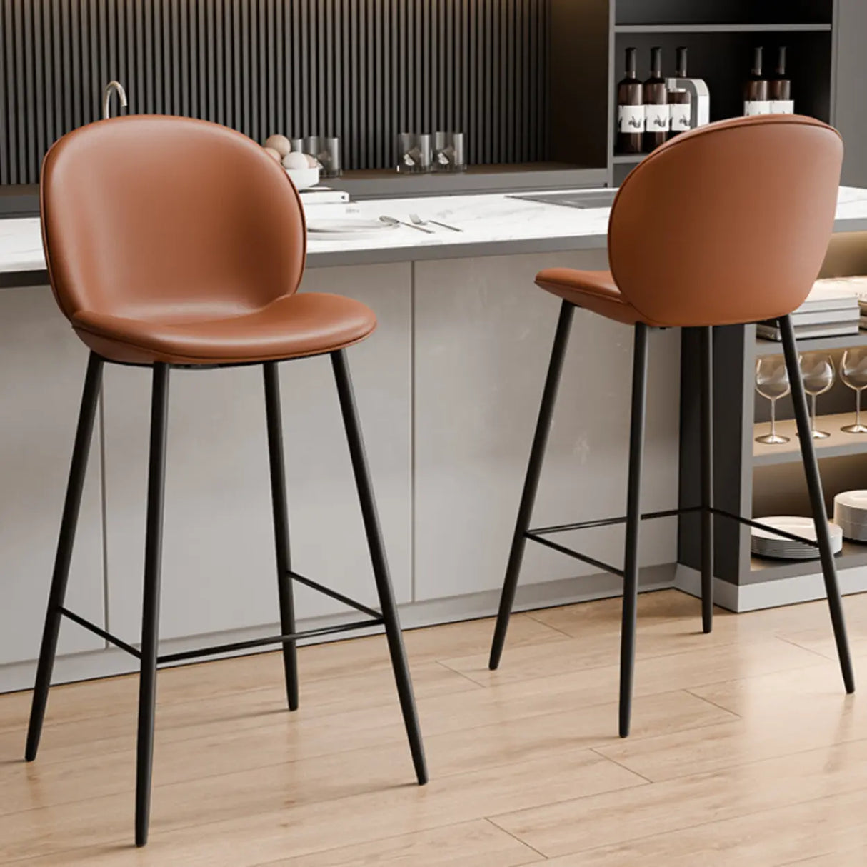 Modern Brown Leather Bucket Bar Stool with Metal Legs Image - 4
