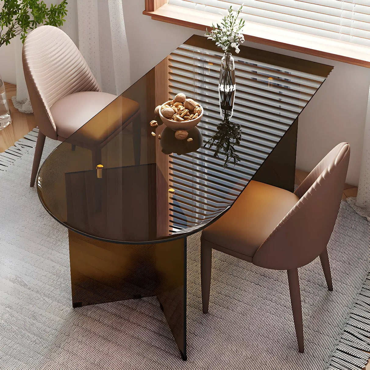 Modern Brown Oval Glass Scratch Resistant Dining Table Image - 1