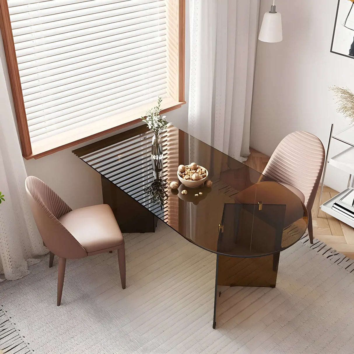 Modern Brown Oval Glass Scratch Resistant Dining Table Image - 2
