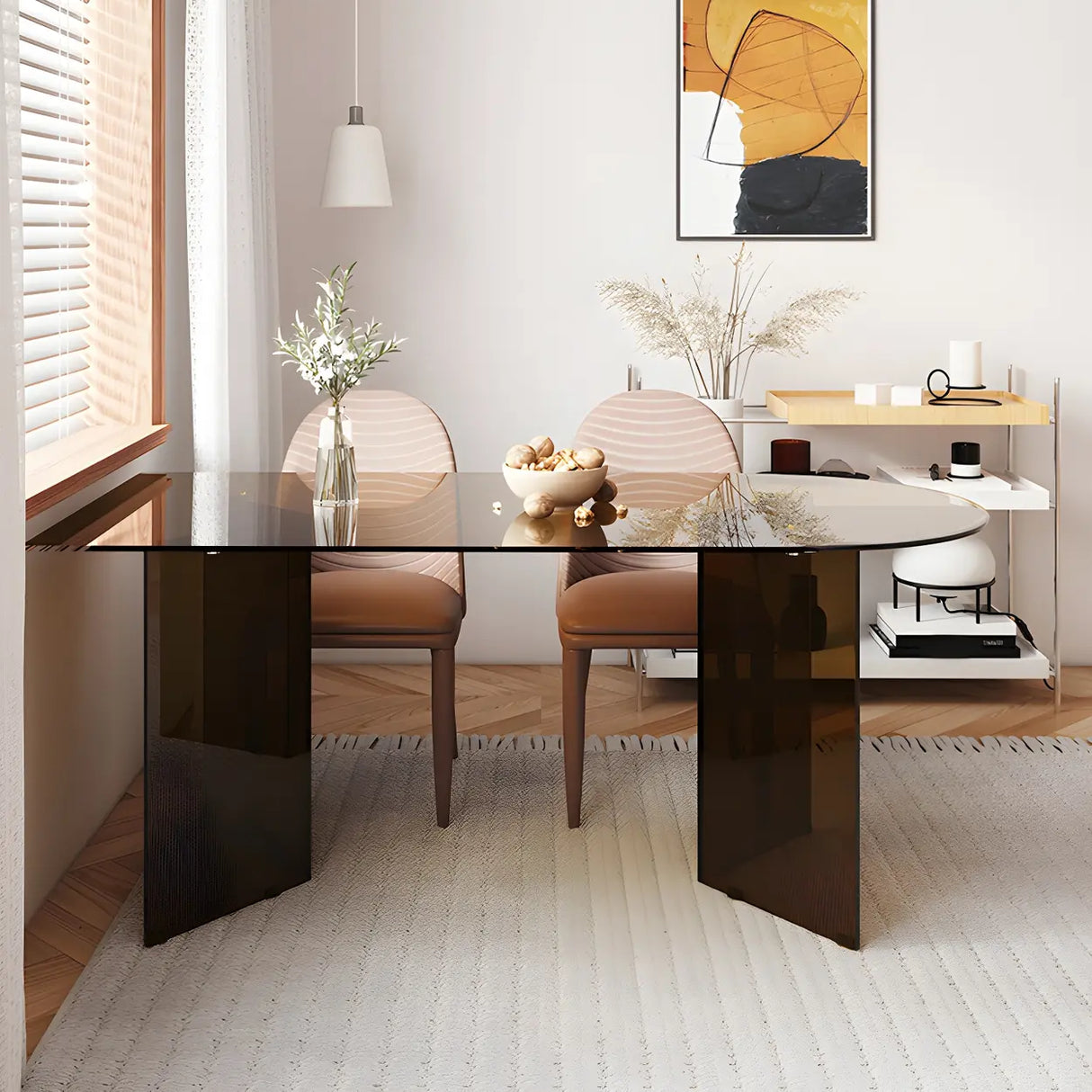 Modern Brown Oval Glass Scratch Resistant Dining Table Image - 3