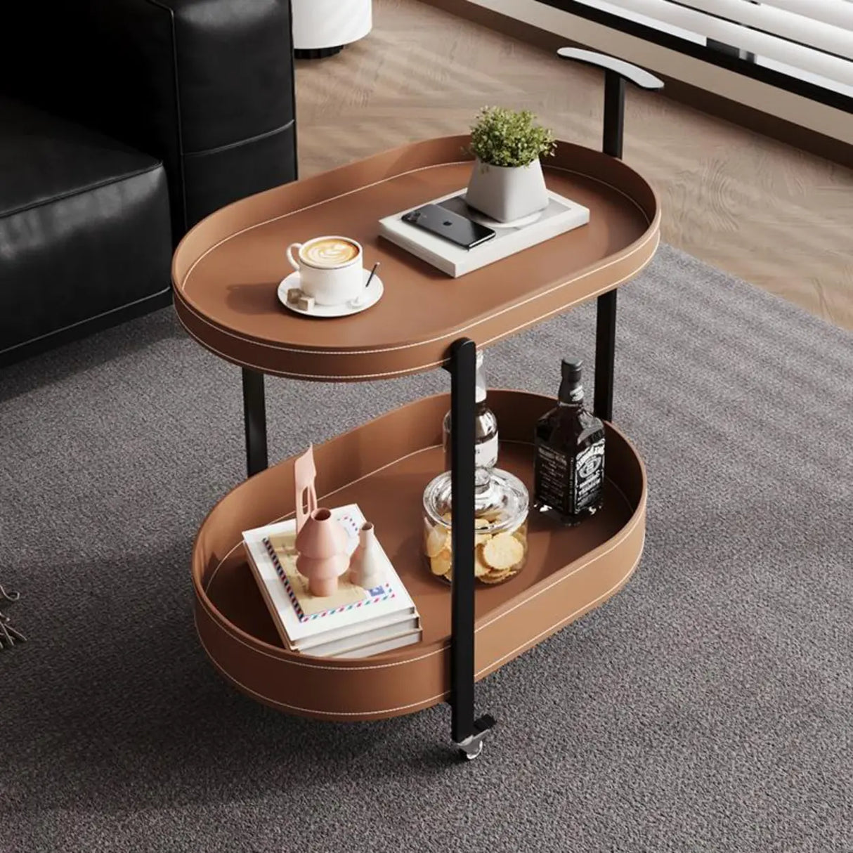 Modern Brown Oval Top Chairside Table with Shelf and Rollers Image - 1