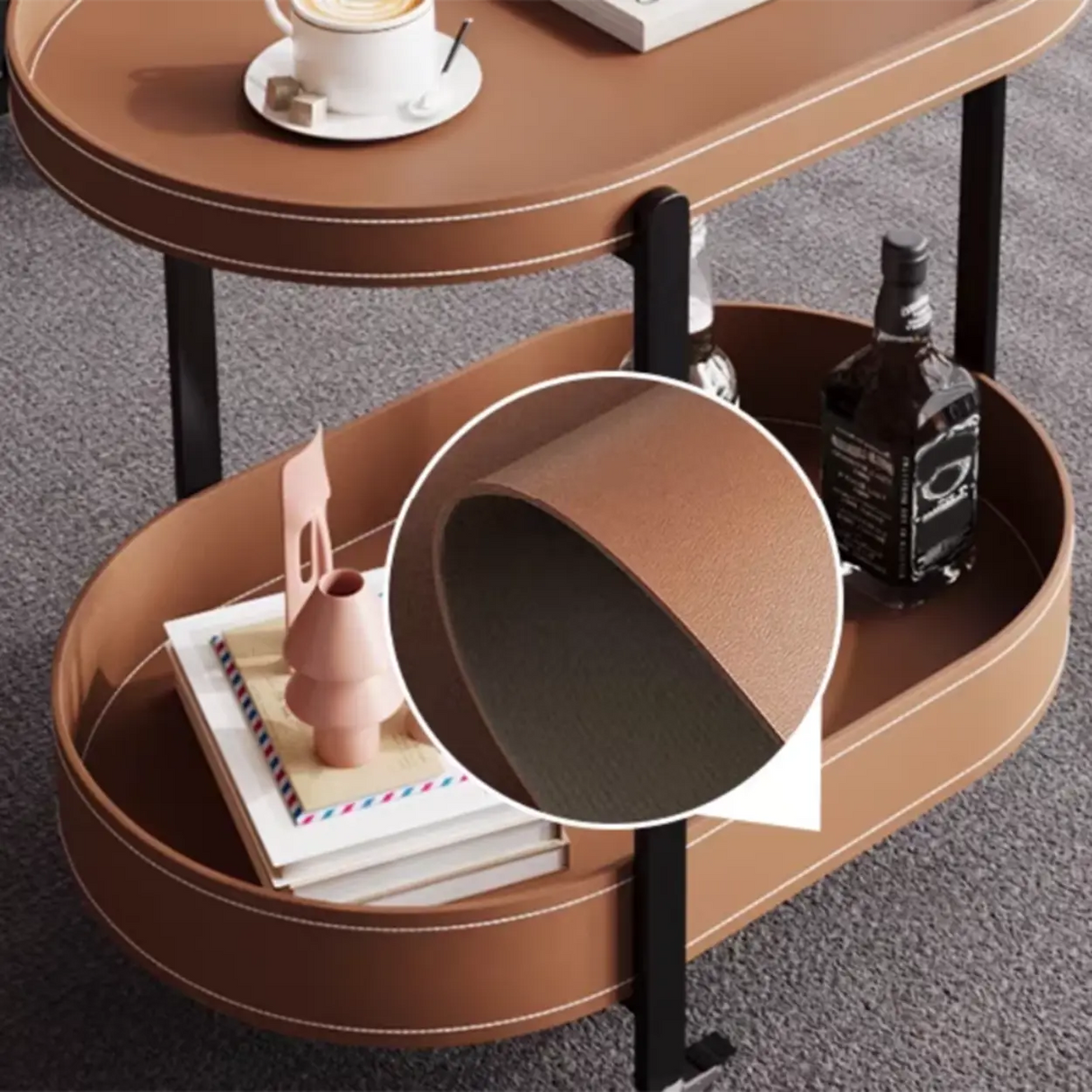 Modern Brown Oval Top Chairside Table with Shelf and Rollers Image - 2