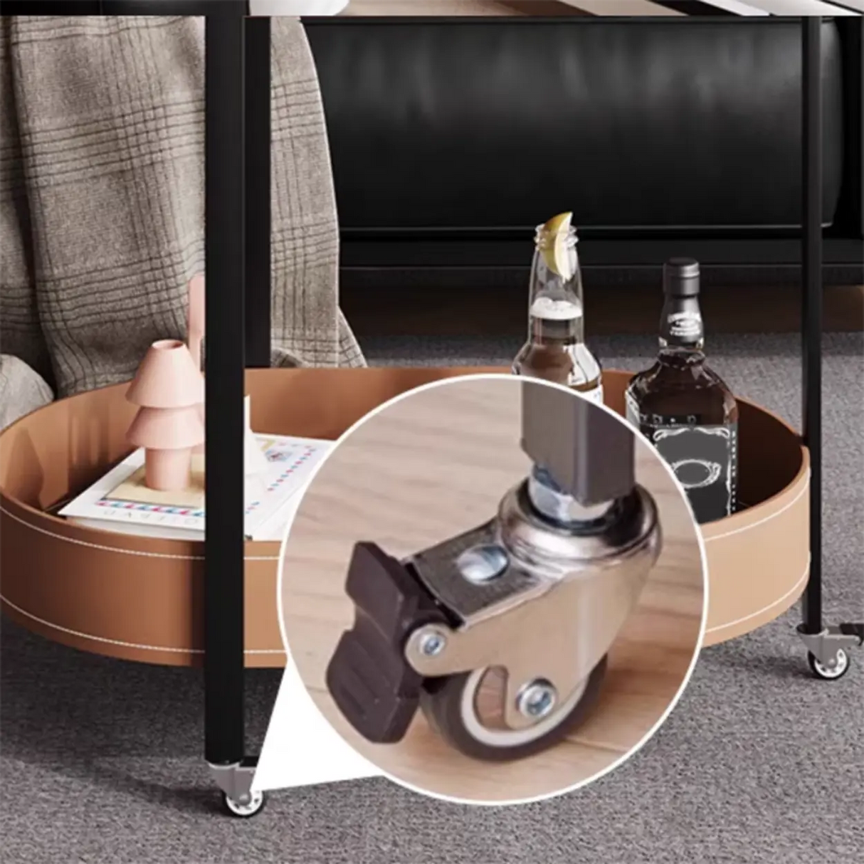 Modern Brown Oval Top Chairside Table with Shelf and Rollers Image - 3