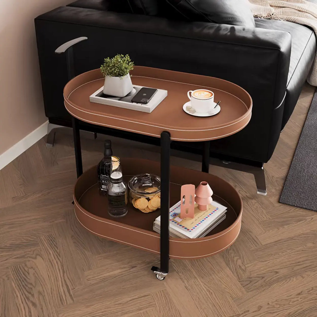 Modern Brown Oval Top Chairside Table with Shelf and Rollers Image - 4