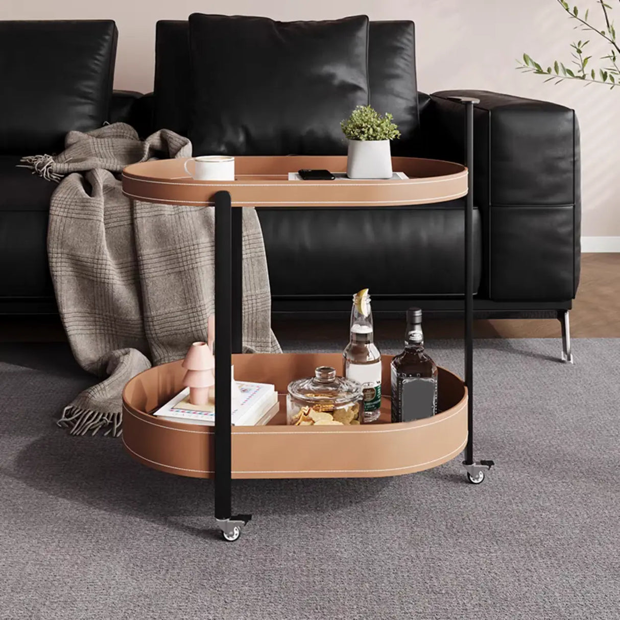 Modern Brown Oval Top Chairside Table with Shelf and Rollers Image - 5