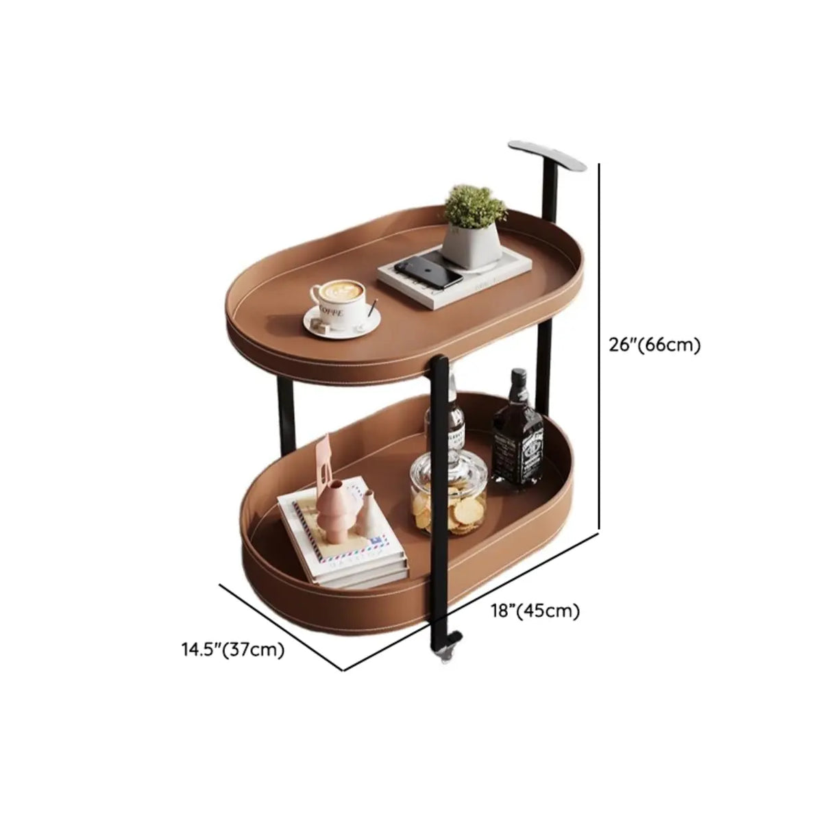 Modern Brown Oval Top Chairside Table with Shelf and Rollers