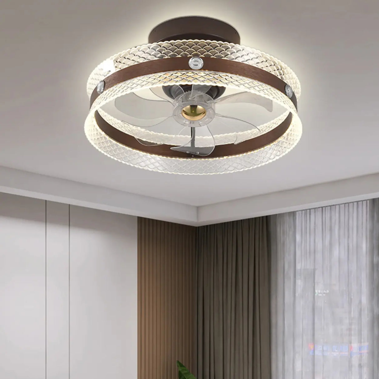 Modern Brown Round Clear Blade LED Ceiling Fan Light Image - 1