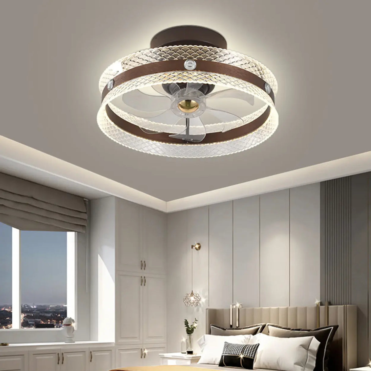 Modern Brown Round Clear Blade LED Ceiling Fan Light Image - 2