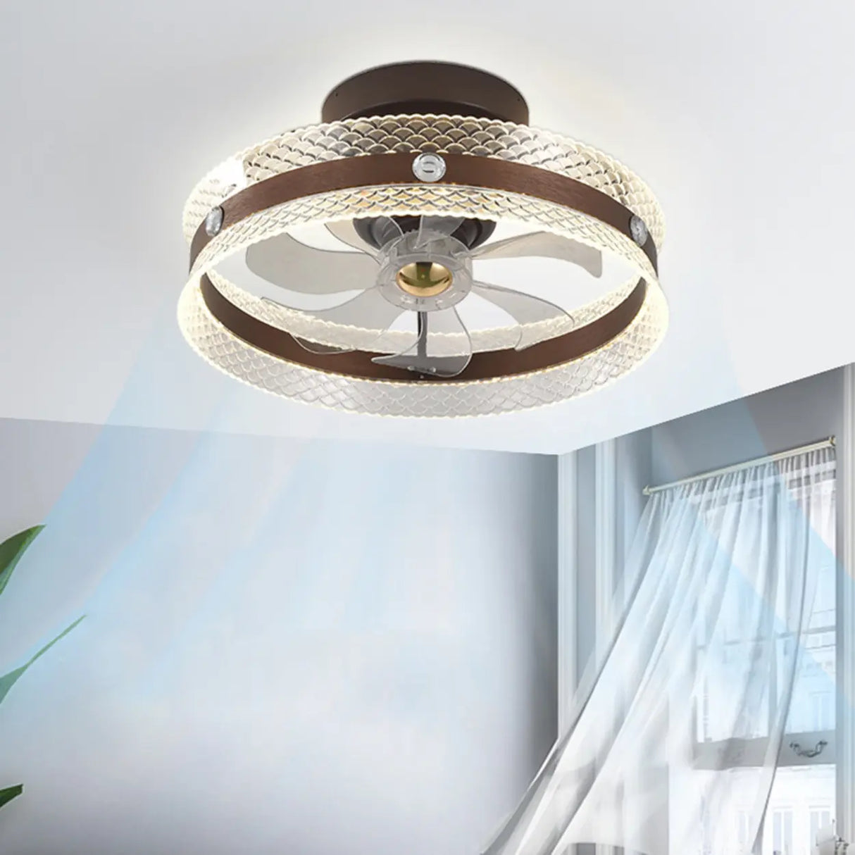 Modern Brown Round Clear Blade LED Ceiling Fan Light Image - 3