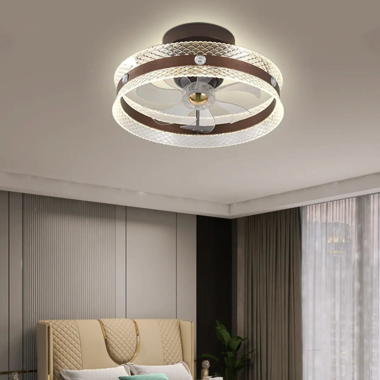 Modern Brown Round Clear Blade LED Ceiling Fan Light Image - 4