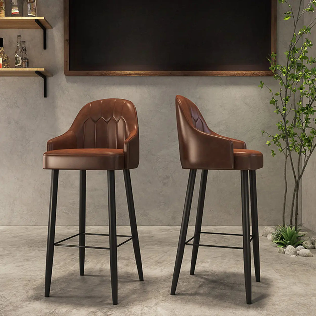 Modern Brown Square Leather Bar Stool with Backrest Image - 3