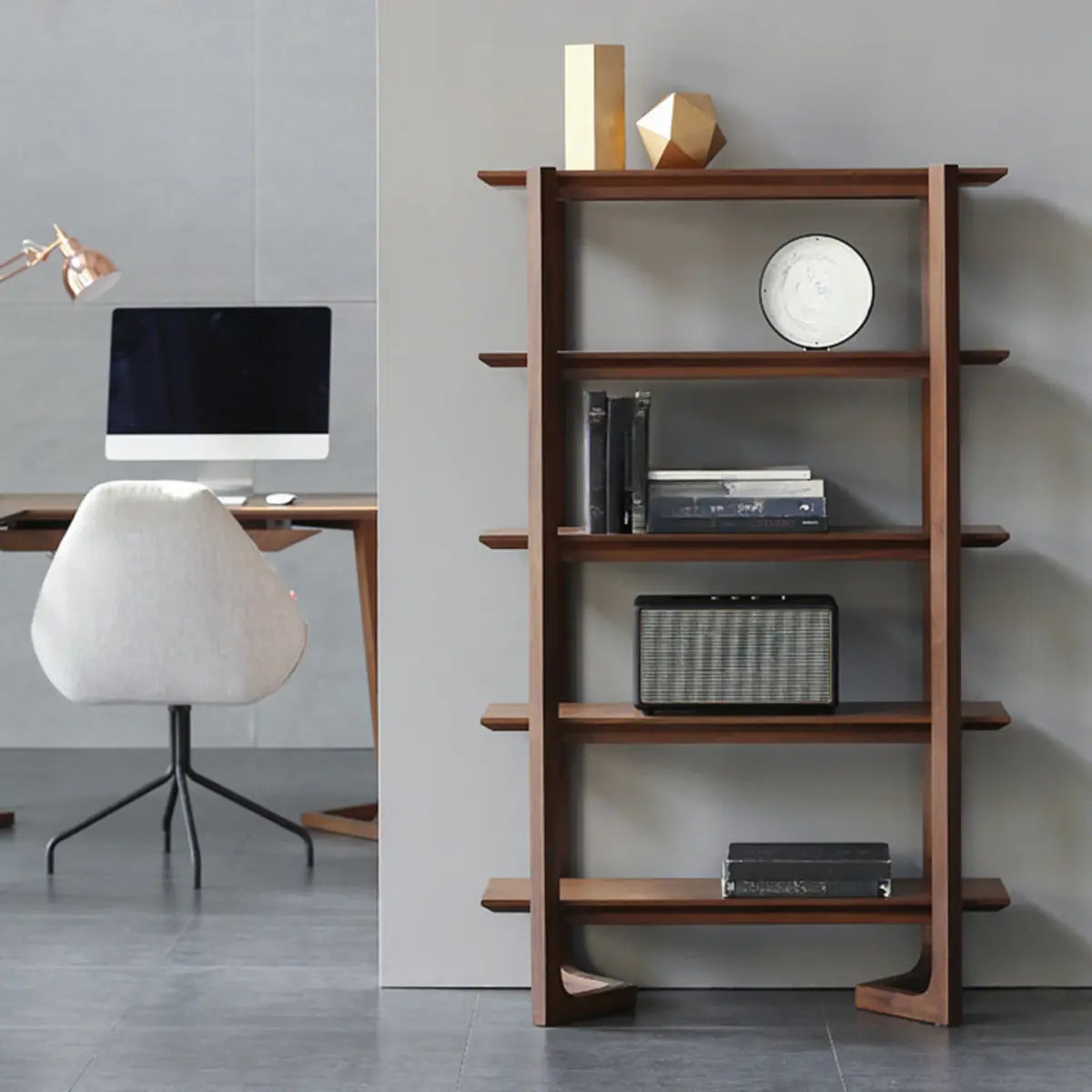 Modern Brown Walnut Ladder Open Storage Bookshelf Image - 1