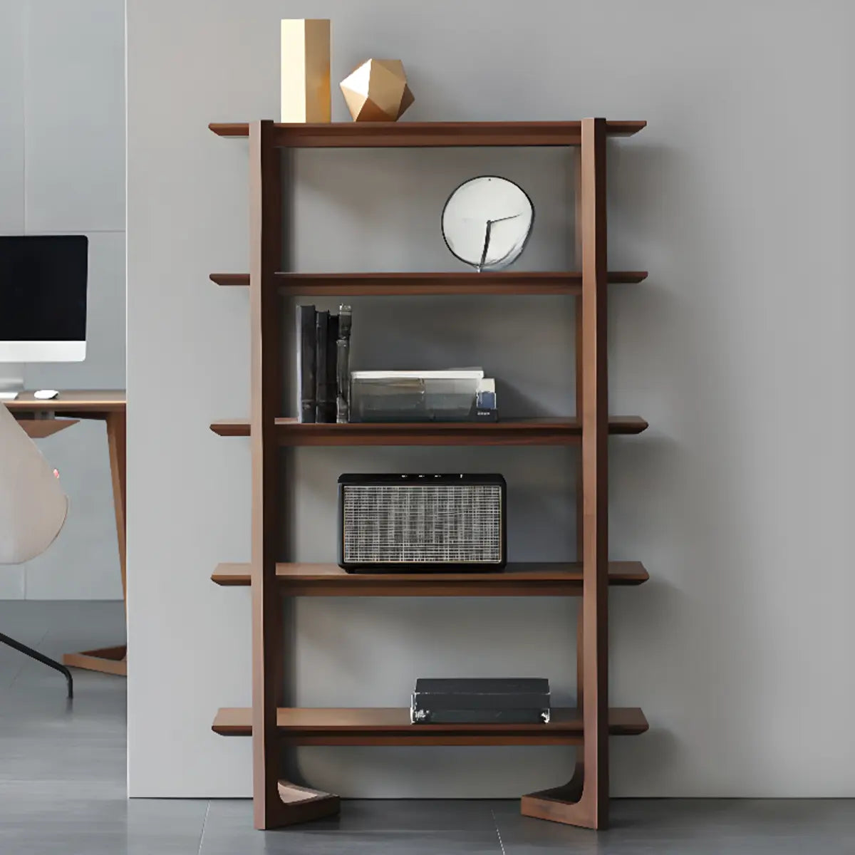 Modern Brown Walnut Ladder Open Storage Bookshelf Image - 2