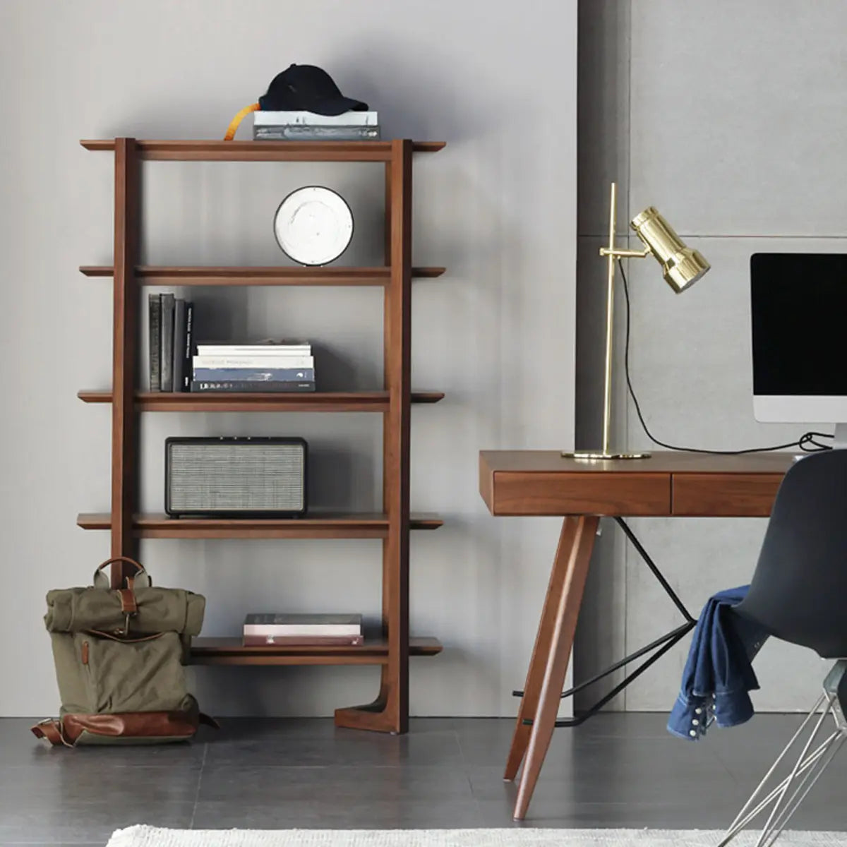 Modern Brown Walnut Ladder Open Storage Bookshelf Image - 3