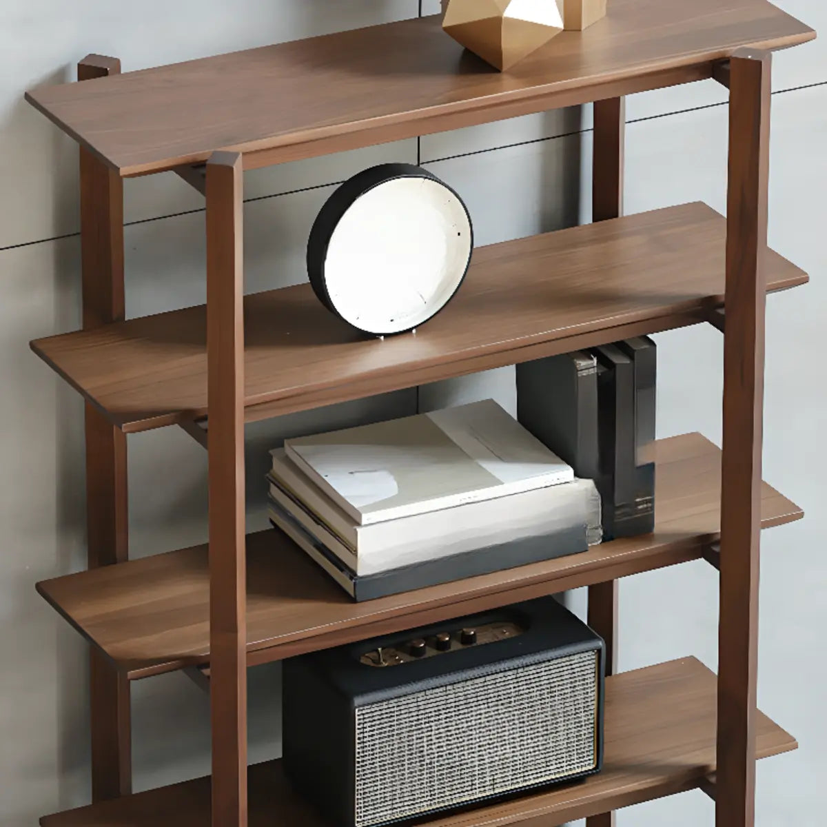 Modern Brown Walnut Ladder Open Storage Bookshelf Image - 4