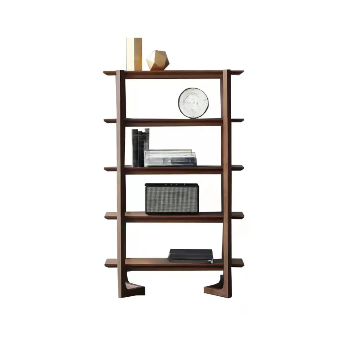 Modern Brown Walnut Ladder Open Storage Bookshelf Image - 5