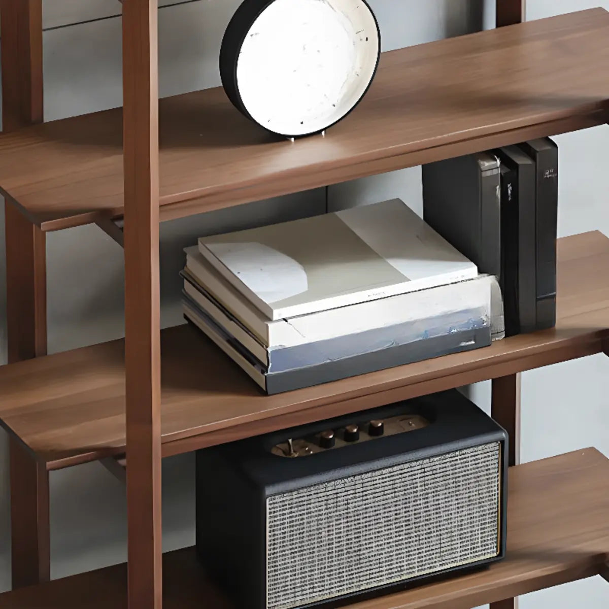 Modern Brown Walnut Ladder Open Storage Bookshelf Image - 7