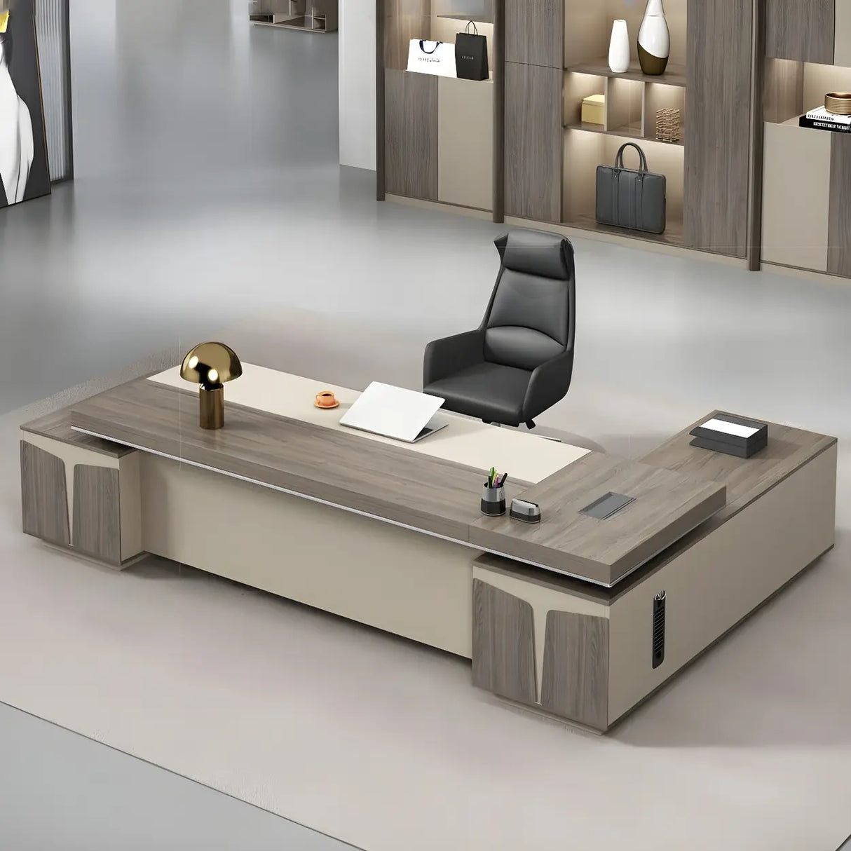 Modern Brown Wood L-Shape Office Executive Desk Image - 2