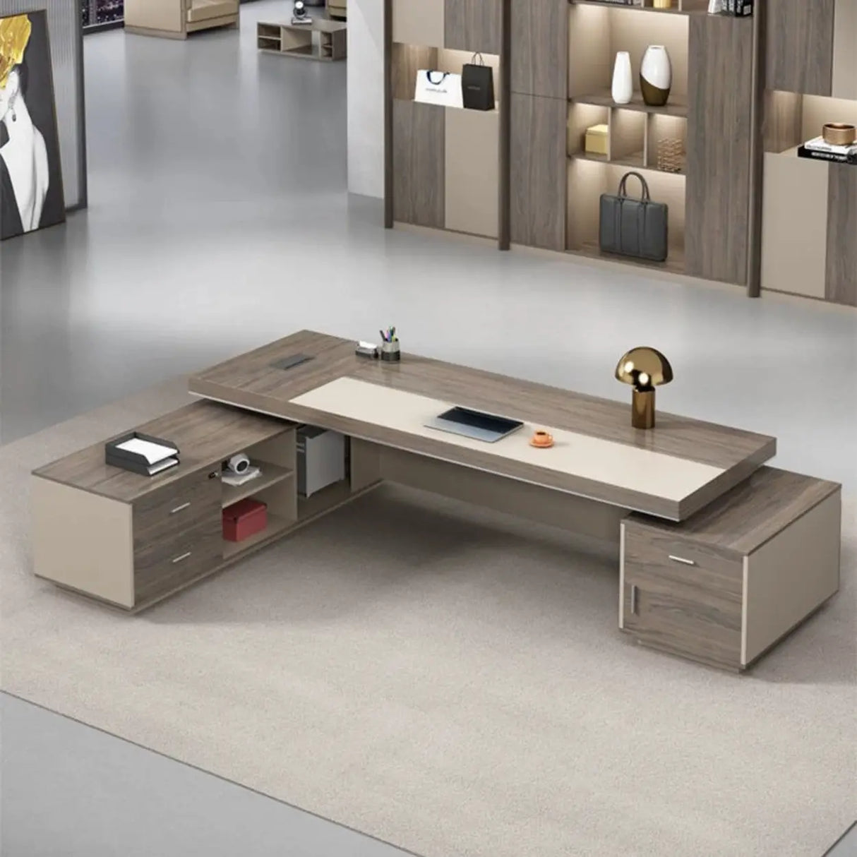 Modern Brown Wood L-Shape Office Executive Desk Image - 4