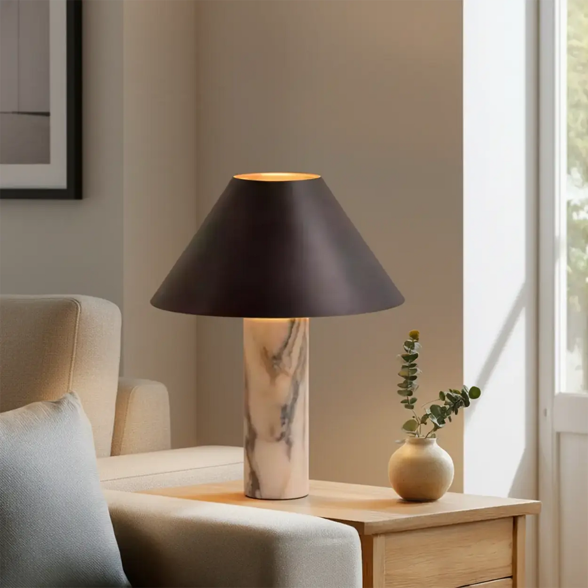 Modern Calacatta Marble LED Cone Shade Table Lamp For Bedroom Image - 1
