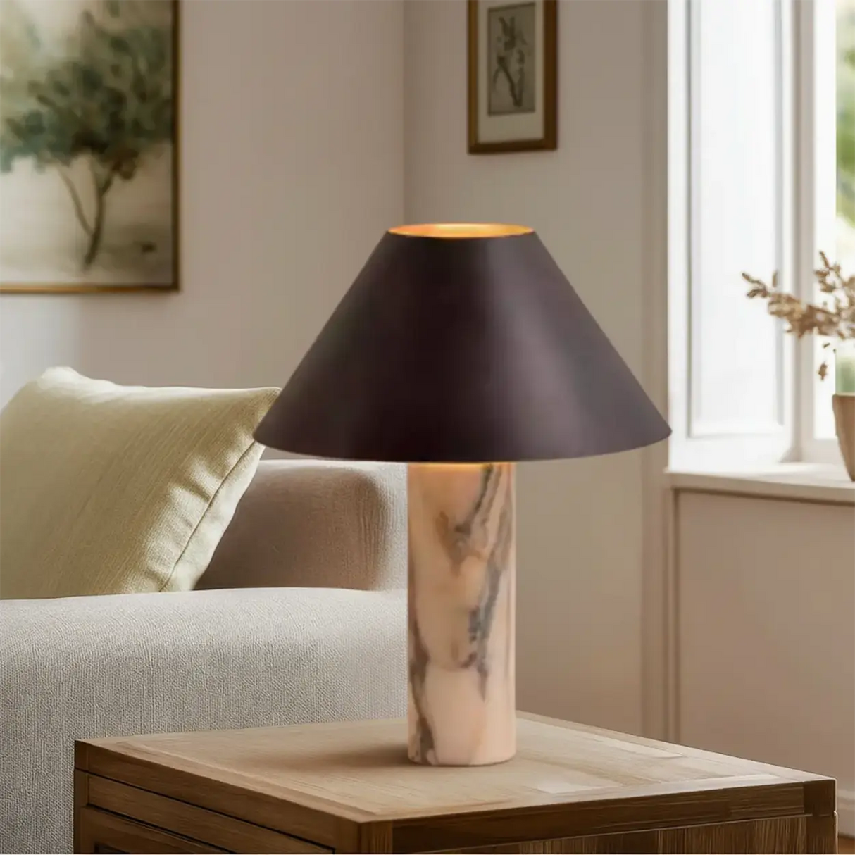 Modern Calacatta Marble LED Cone Shade Table Lamp For Bedroom Image - 2