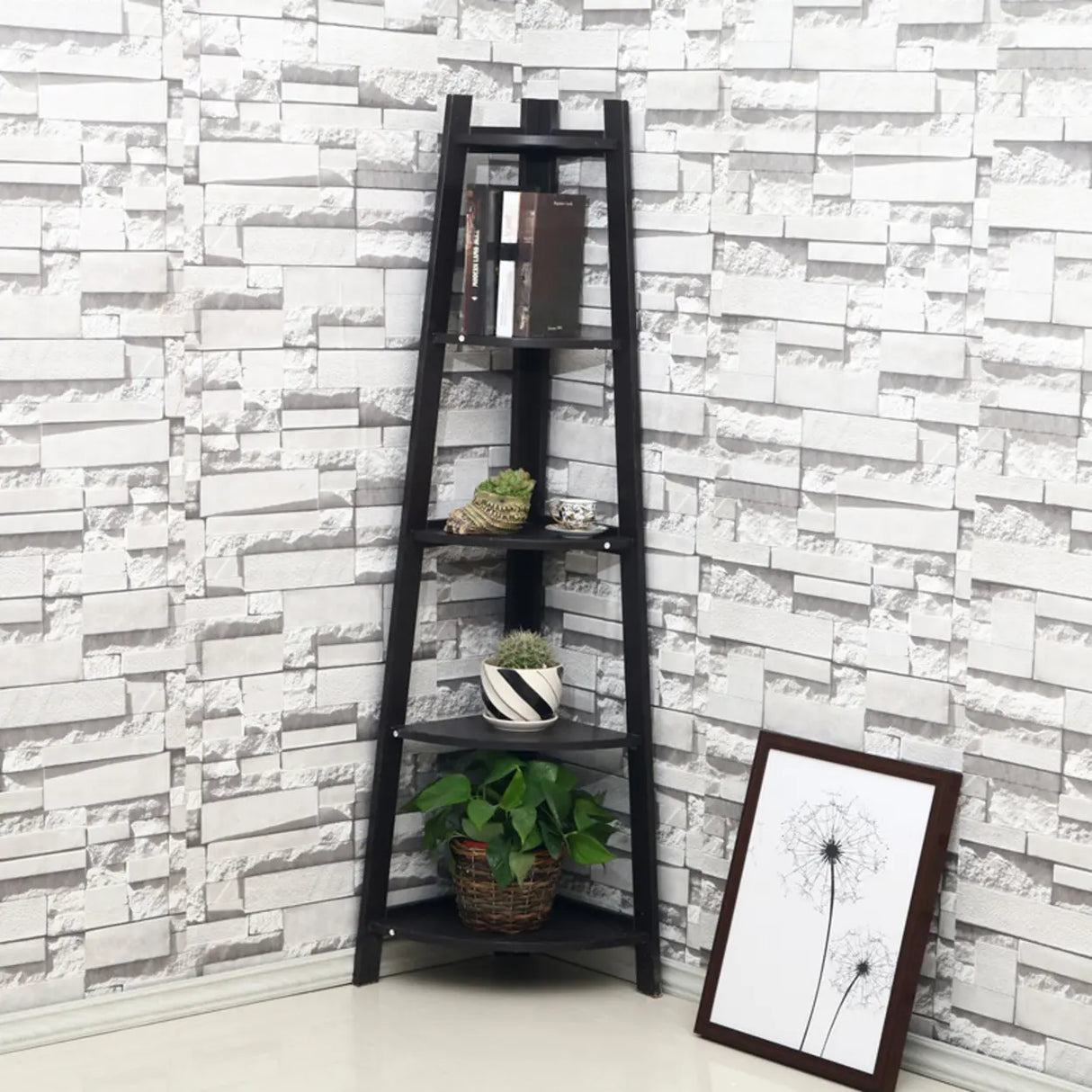 Modern Causal Open Shelves Wood Corner Ladder Bookcase Image - 1