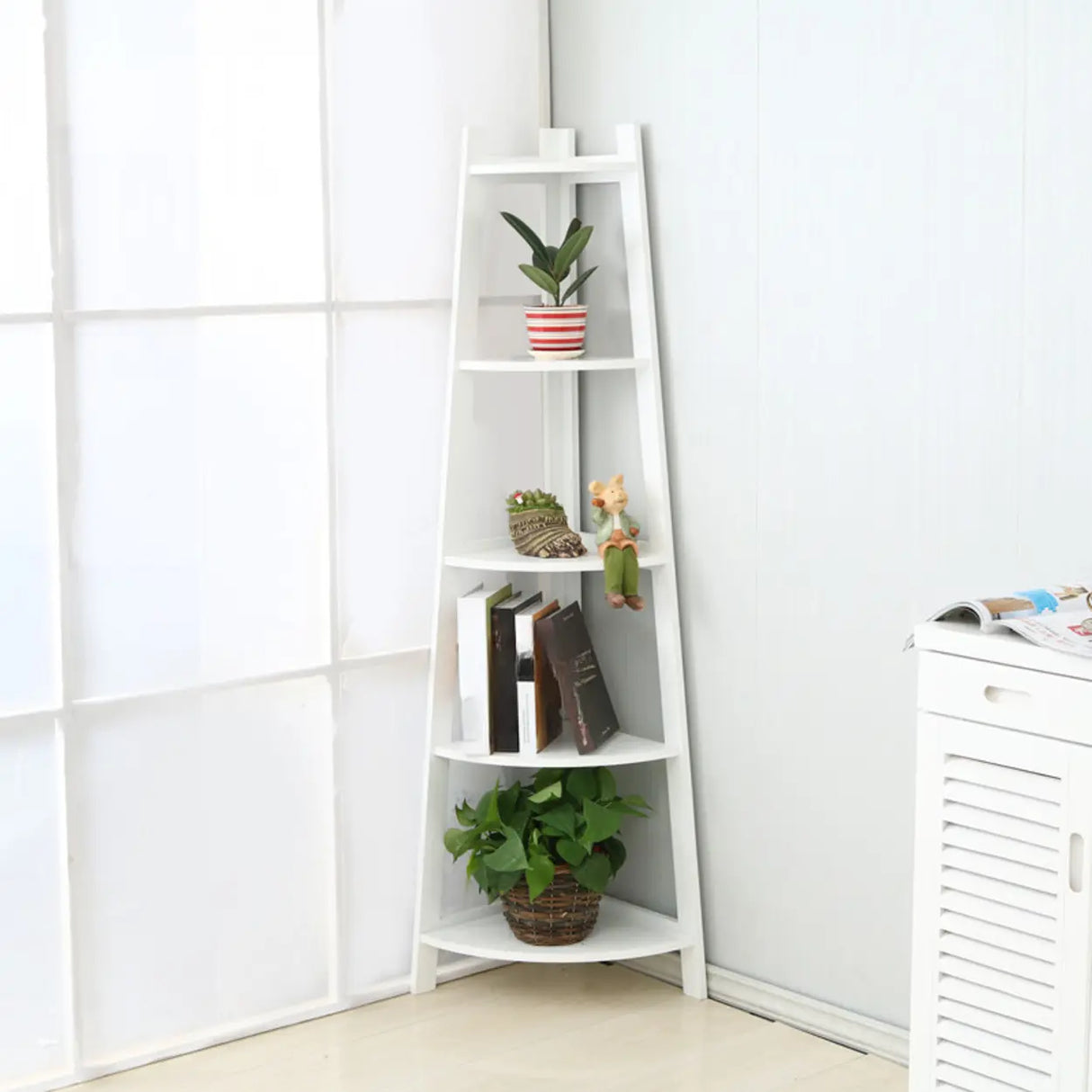 Modern Causal Open Shelves Wood Corner Ladder Bookcase Image - 12