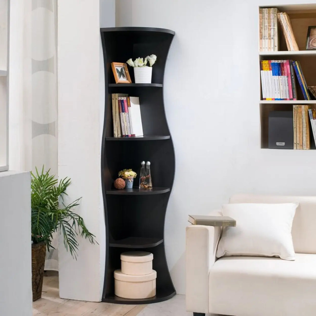 Modern Causal Open Shelves Wood Corner Ladder Bookcase Image - 13