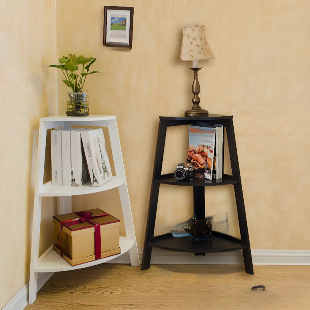 Modern Causal Open Shelves Wood Corner Ladder Bookcase Image - 14