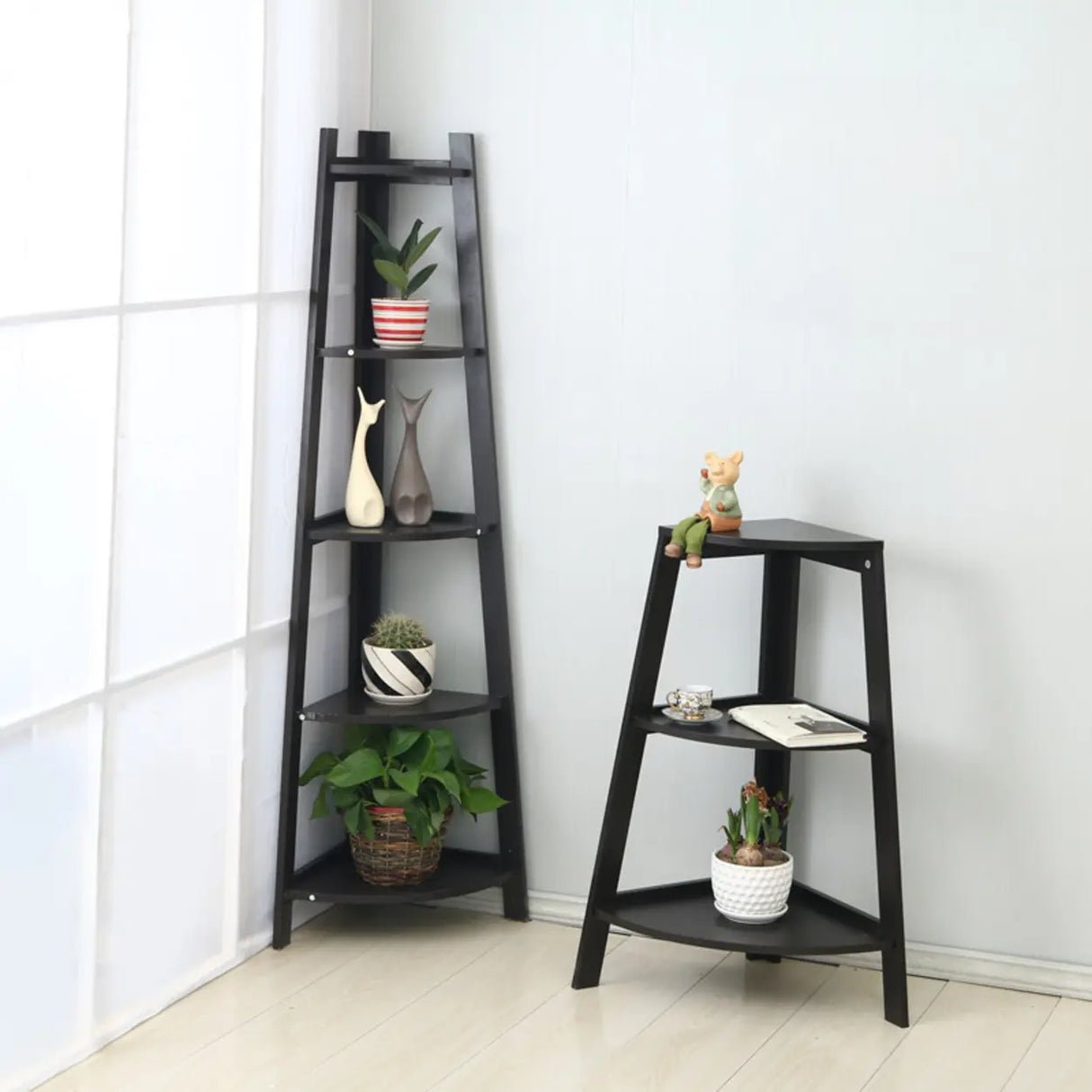 Modern Causal Open Shelves Wood Corner Ladder Bookcase Image - 2