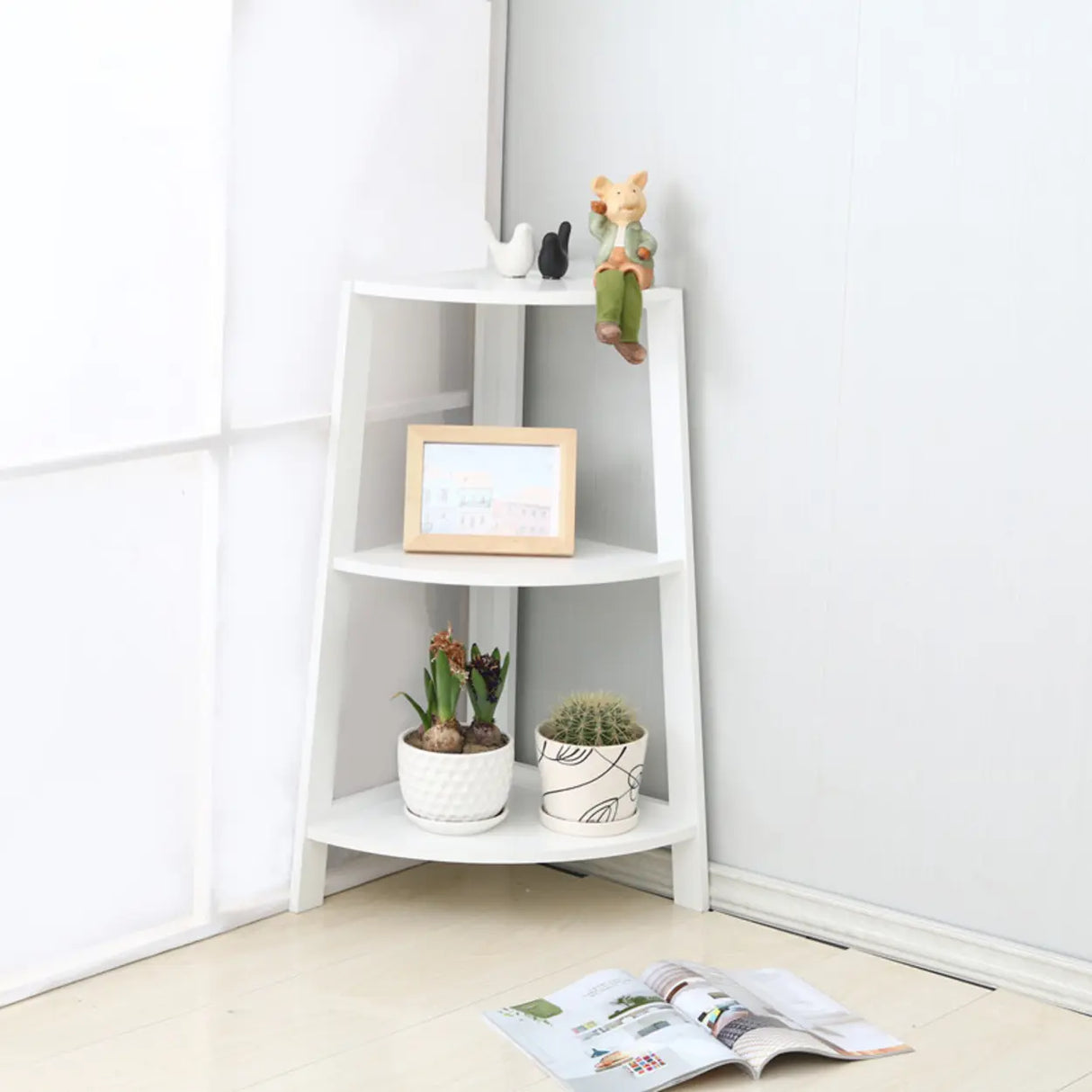 Modern Causal Open Shelves Wood Corner Ladder Bookcase Image - 4