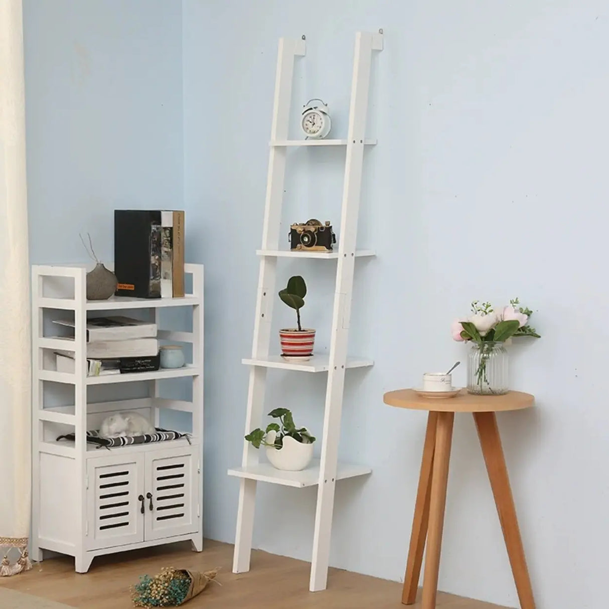 Modern Causal Open Shelves Wood Corner Ladder Bookcase Image - 5
