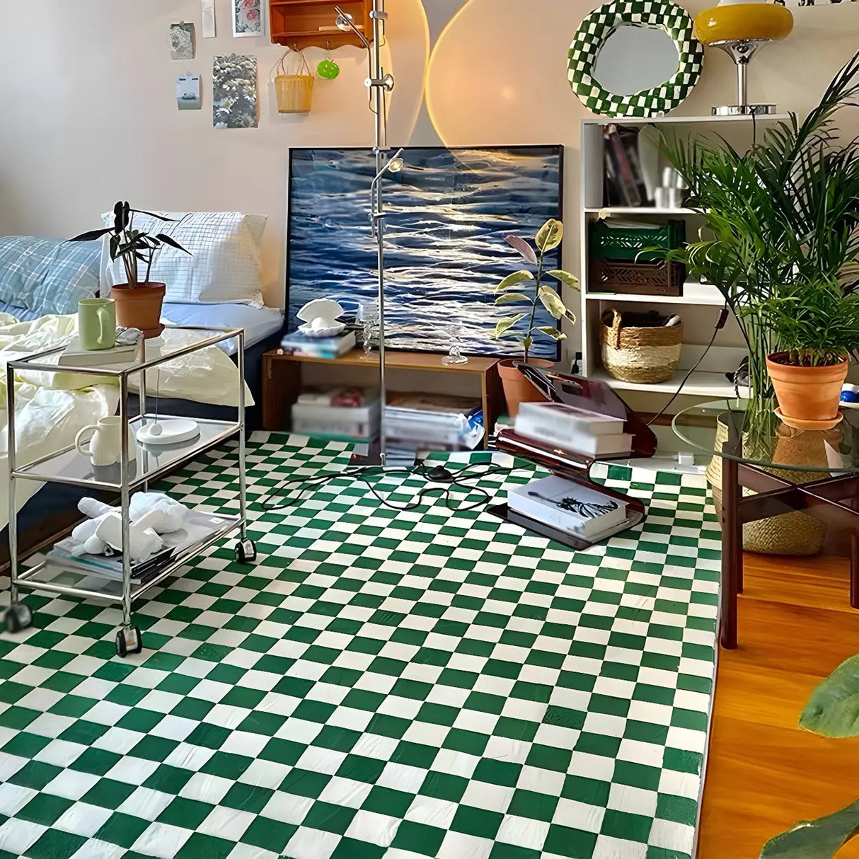 Modern Checkered Polyester Green Anti-Slip Rug Image - 5